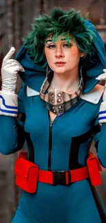 Vibrant cosplay character in teal and red costume on mobile wallpaper.