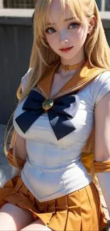 Anime cosplay character in sailor outfit, featuring long blonde hair.