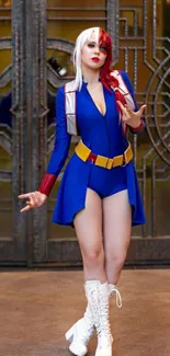 Hero-inspired cosplay with blue outfit.