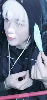 Person wearing dark hoodie, holding blue popsicle with snowflakes.