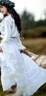 Girl in white dress with flower crown in meadow, cottagecore style.