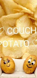 Funny couch potato wallpaper with potato characters on chips.