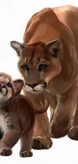 Illustration of a cougar with its playful cub on a white background.