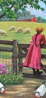 A girl in a pink dress on a farm watching sheep.