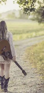 Woman with guitar walking on rural path.