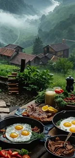 Scenic breakfast with countryside view and eggs