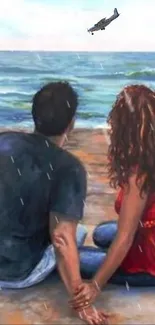 Artistic seaside painting of couple with airplane.