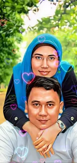 Illustrated couple in green nature background.