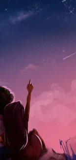 Couple silhouetted against a starry pink and blue sky, gazing upwards.