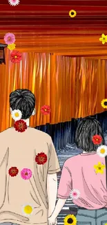 Illustrated couple walking through orange Torii gate.