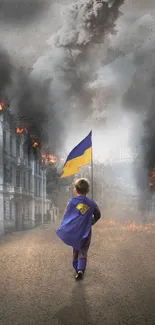 Child with flag walks in burning urban scene, symbolizing resilience.