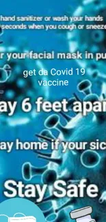 Blue COVID-19 safety tip wallpaper with virus graphics.