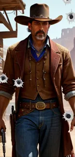 Cowboy in leather coat with hat and gun in a Western desert setting.