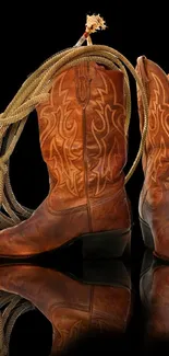 Rustic cowboy boots with rope on black background.