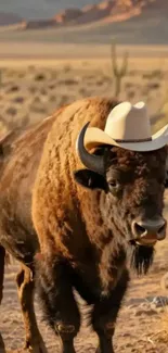 Buffalo wearing cowboy hat in desert landscape with cacti.