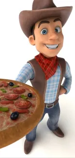 Cheerful cartoon cowboy holding a pizza.