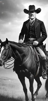 Black and white cowboy on horseback in a vast landscape.