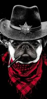 Pug dressed as cowboy with red bandana and sheriff badge.