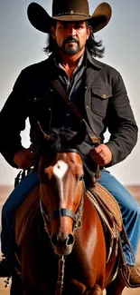 Cowboy riding a horse in a desert landscape.