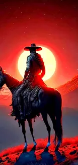 Cowboy on horseback silhouetted against a vibrant sunset backdrop.