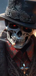 Cowboy skull wearing a hat and smoking on dark background.