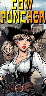 Comic-style cowgirl in western setting wallpaper