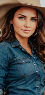 Cowgirl in denim shirt and hat with mountain backdrop.