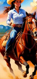 Cowgirl riding a horse with vibrant colors in a rodeo setting.