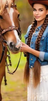 Cowgirl in denim with horse in nature setting.