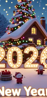 Cozy house with 2026 New Year lights and animated characters.