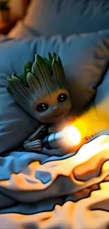 Cute alien character holding flashlight in bed