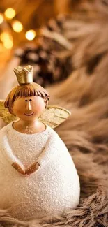 Cozy angel figurine with gold wings on fuzzy brown background.