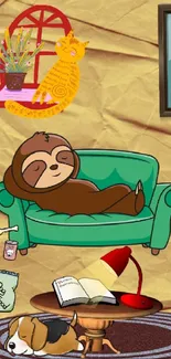 Cartoon sloth and animals in a cozy setting