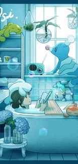 Whimsical anime-inspired bathroom wallpaper with blue tones.