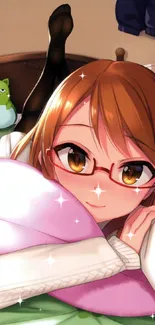 Anime character with glasses in a cozy bedroom setting.