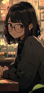 Anime girl with glasses in a cozy cafe, warm lighting.