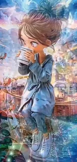 Anime character sipping tea in vibrant scene.