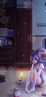 Anime girl in cozy evening room with purple hues.