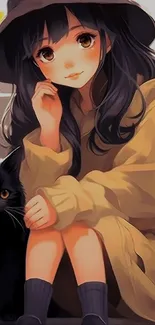 Cute anime girl with hat and black cat in cozy digital art.