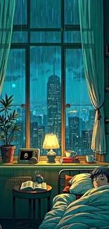 Anime bedroom with city view and rain at night.