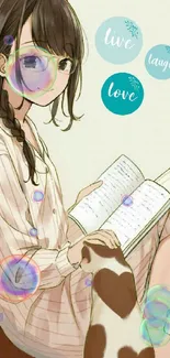 Anime girl in pajamas reading with a cat beside her.