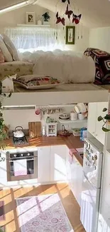 Cozy loft bedroom with sunlit kitchen and plants.