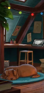 Cozy attic workspace with dog sleeping on rug.