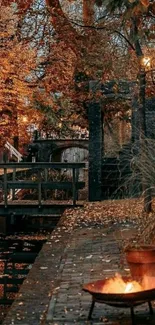 Scenic autumn bridge with firepit and colorful foliage