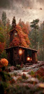 Autumn cabin nestled in a vibrant forest landscape.