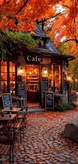Cozy autumn cafe with vibrant fall foliage and warm lights.