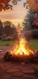 A cozy autumn campfire scene with vibrant orange and red tones in a serene garden setting.