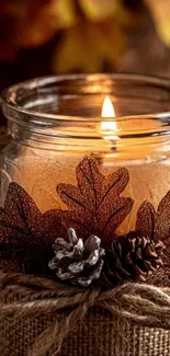 Cozy autumn candle with rustic decor in a jar.