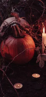 Cozy autumn wallpaper with pumpkins and candlelight.