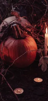 Candlelit pumpkin in an autumn setting with warm, cozy vibes.